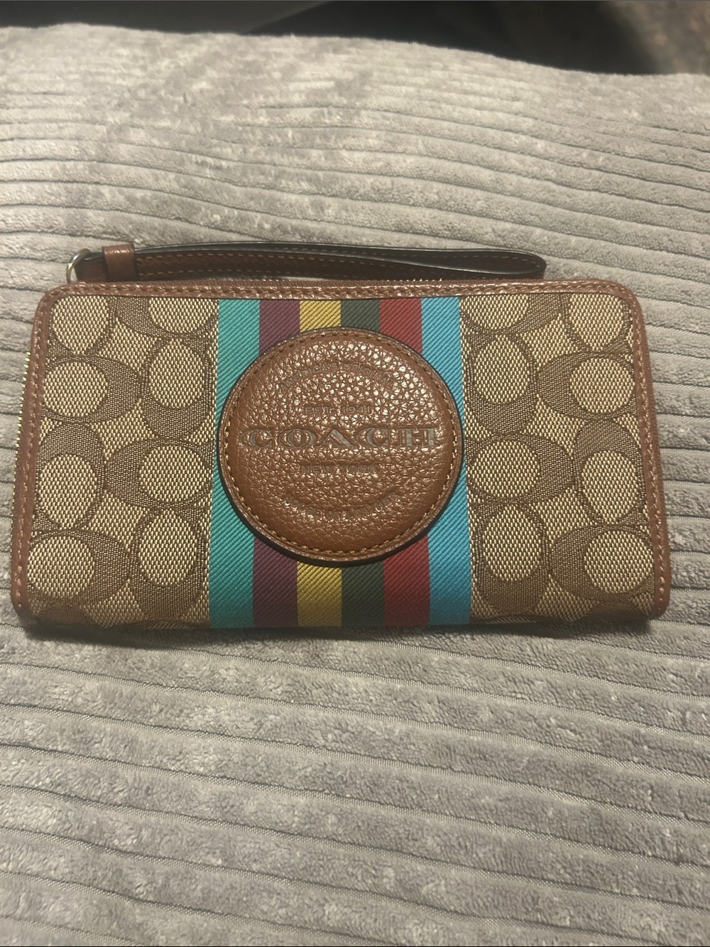 Coach Dempsey Brown Signature Canvas Wristlet with Multicolor Stripe Patch